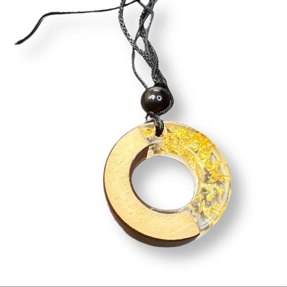 Gold Resin + Wood Circle of Life Round Pendant Adjustable Black Rope Necklace - Picture 4 of 5